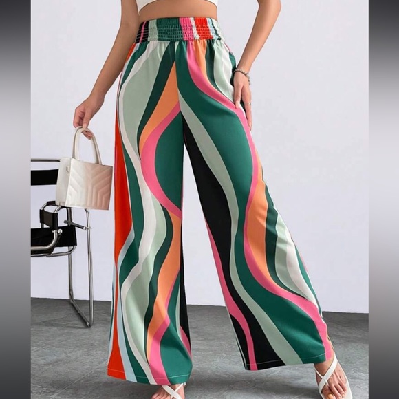 Boho Abstract Print High Waist Wide Leg palazzo Pants - Picture 5 of 6